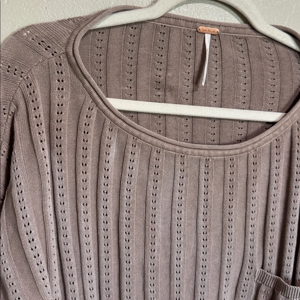 Free People Taupe Pointelle Knit Oversized Long Sleeve Top XS